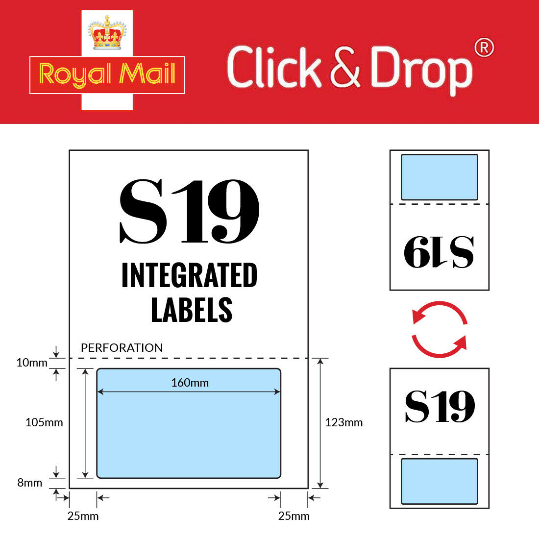 1000 Royal Mail Click and Drop Labels Integrated S19 160mm x105m
